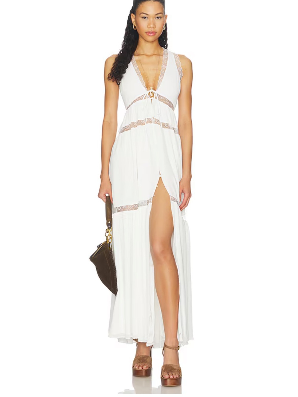 Tularosa White Lace-Trim Maxi with Front Slit